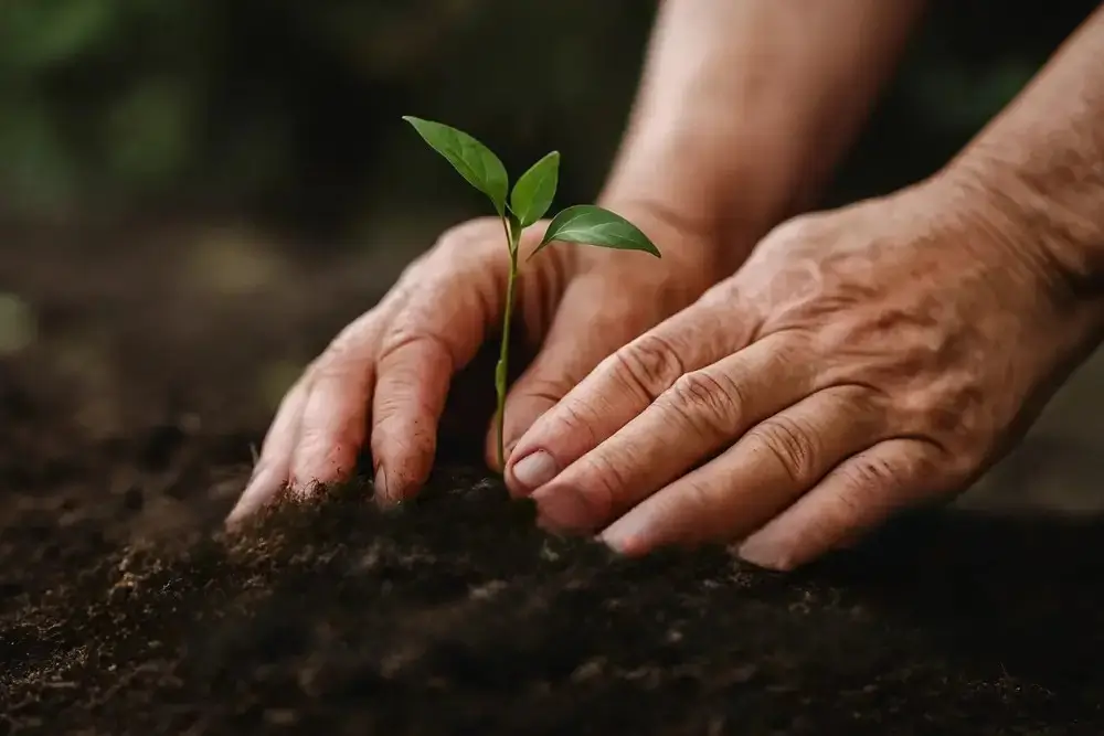 Mãos maduras plantando uma muda verde na terra úmida, representando a simbologia do recomeçar no digital após os 50 anos como uma nova semente que floresce.