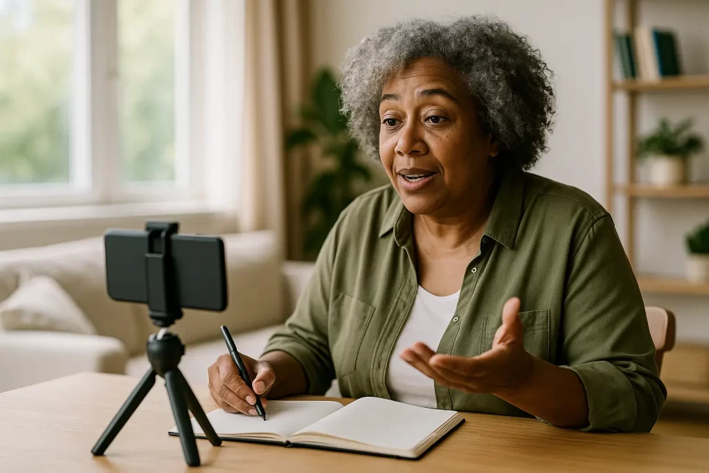 Mulher idosa gravando conteúdo com o celular e caderno à mesa, iniciando sua jornada para ganhar dinheiro online com o que já sabe.