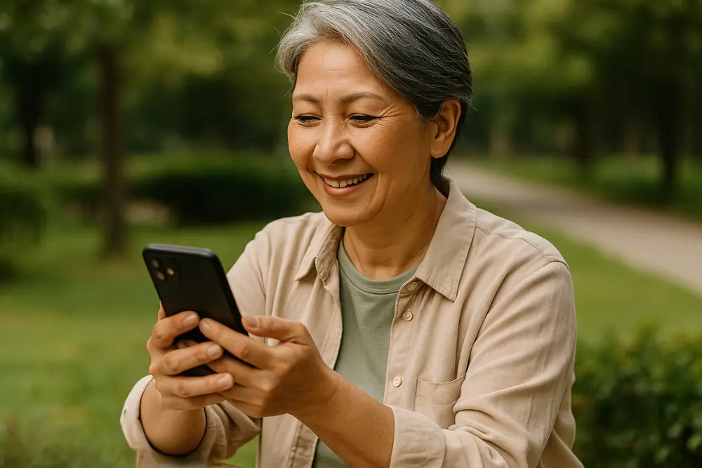Mulher madura checando o celular com expressão atenta, iniciando sua jornada para criar renda digital depois dos 50.