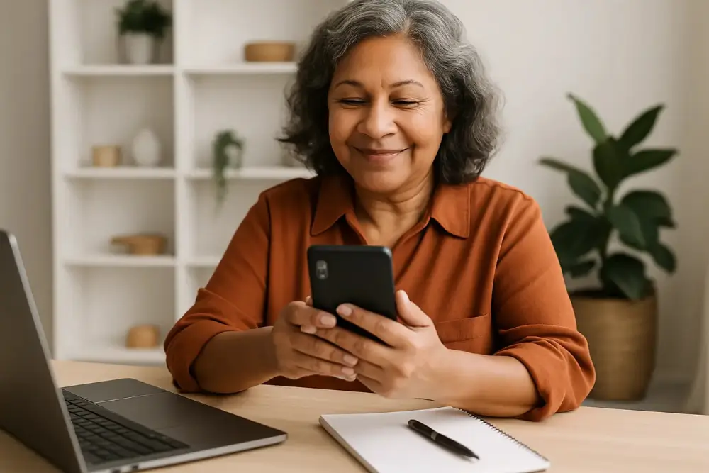 Mulher madura sorrindo com leveza enquanto usa o celular em casa, dando os primeiros passos para criar renda digital depois dos 50.