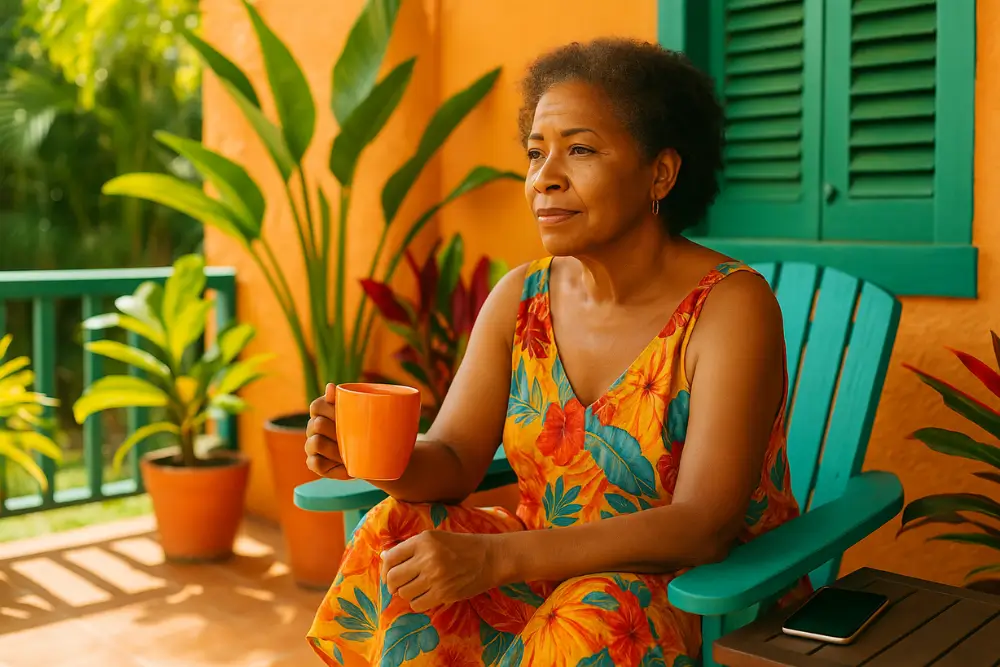 Mulher madura em um ambiente tranquilo, tomando uma xícara de chá com o celular por perto, refletindo sobre os cuidados necessários para não desistir ao recomeçar no digital após os 50.