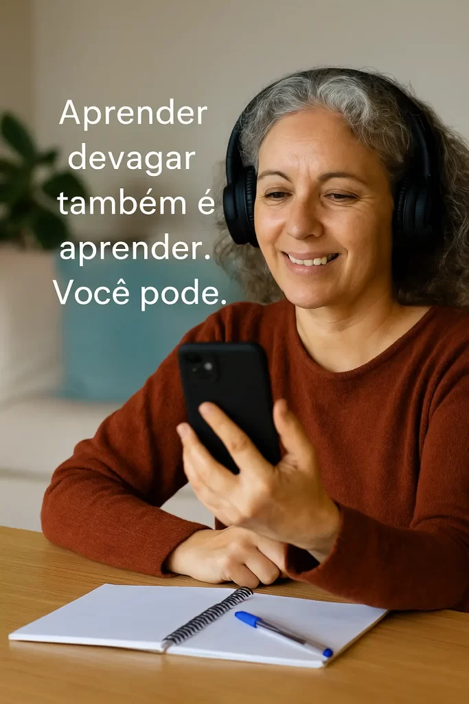 Mulher madura assistindo a um vídeo no celular com fones de ouvido, sorrindo enquanto anota no caderno, representando leveza e coragem diante das dúvidas sobre começar no digital.