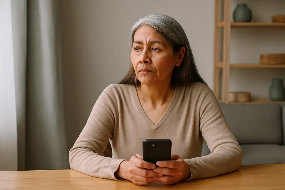 Mulher madura sentada sozinha à mesa com celular nas mãos, refletindo com calma sobre o desafio de recomeçar no digital após os 50.