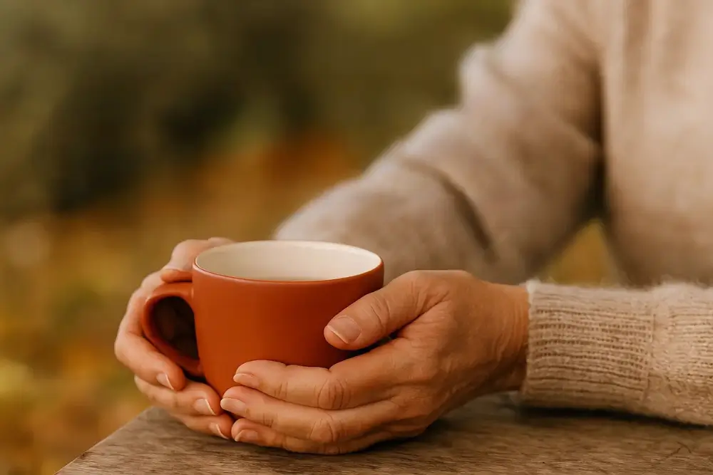 Mãos maduras segurando uma caneca em um ambiente tranquilo ao ar livre, simbolizando o recomeço com dignidade ao ganhar dinheiro online com o que voce sabe.