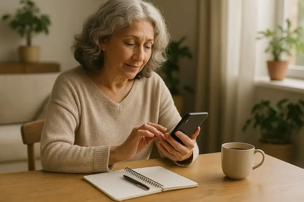 Mulher madura usando o celular com expressão tranquila, explorando ferramentas simples para criar renda digital depois dos 50.