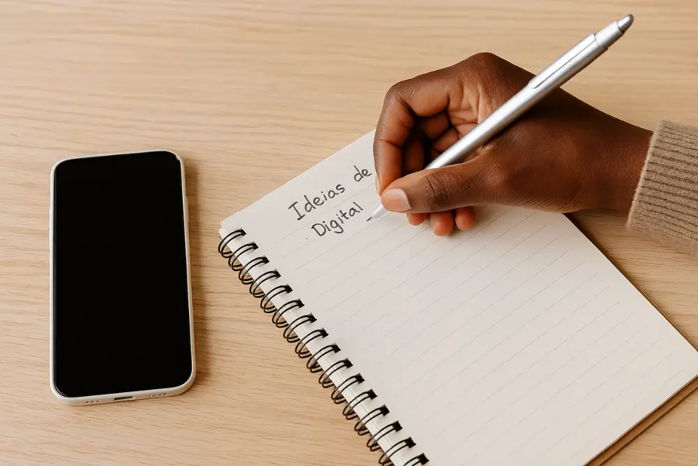 Mãos maduras começando a escrever em um caderno em branco com um celular ao lado, simbolizando os primeiros passos para criar renda digital depois dos 50.