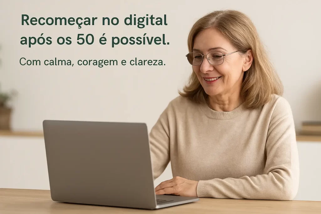 Pessoa madura sorrindo ao usar o notebook em casa, representando o início da jornada para recomeçar no digital após os 50 anos com calma e confiança.