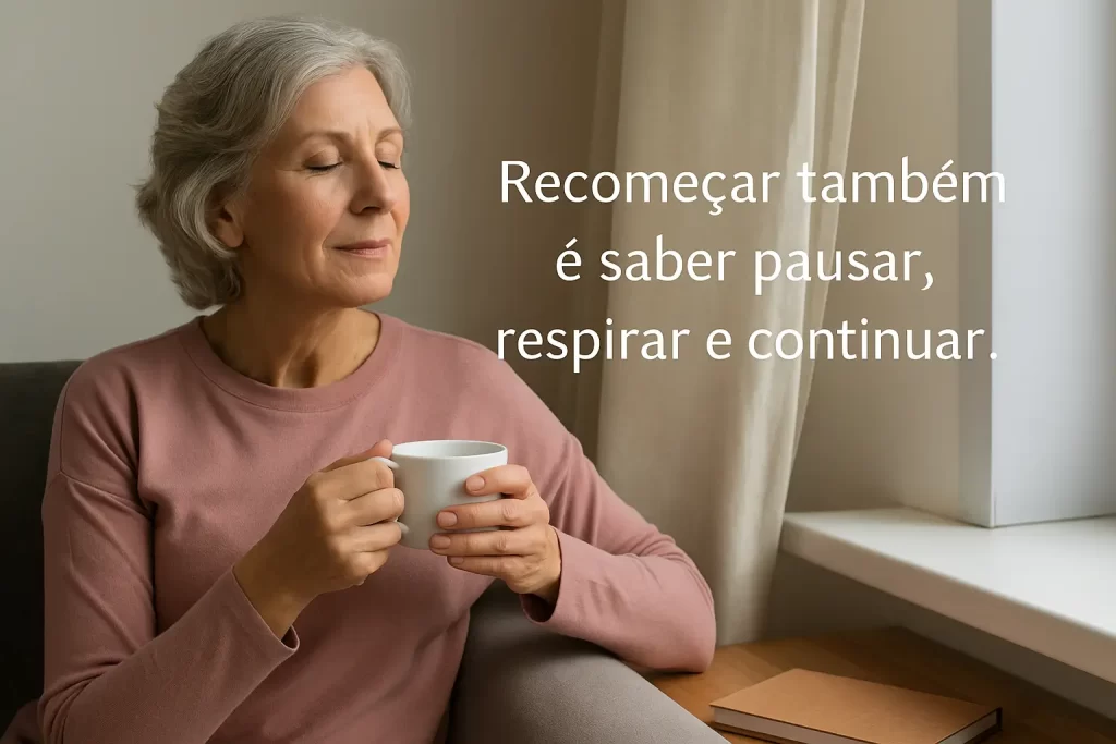 Mulher madura tomando café com expressão tranquila, simbolizando a importância de pausar e cuidar de si ao recomeçar no digital após os 50 anos.