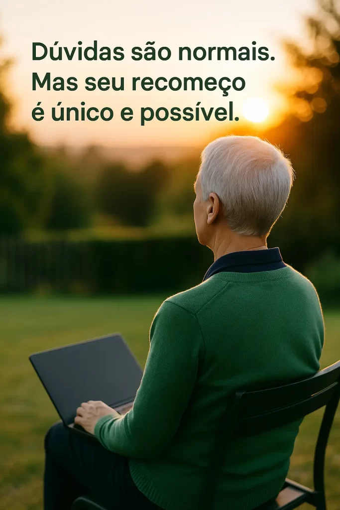Pessoa madura sentada ao ar livre com o laptop no colo, olhando para o pôr do sol, simbolizando serenidade e esperança diante das dúvidas sobre começar no digital.