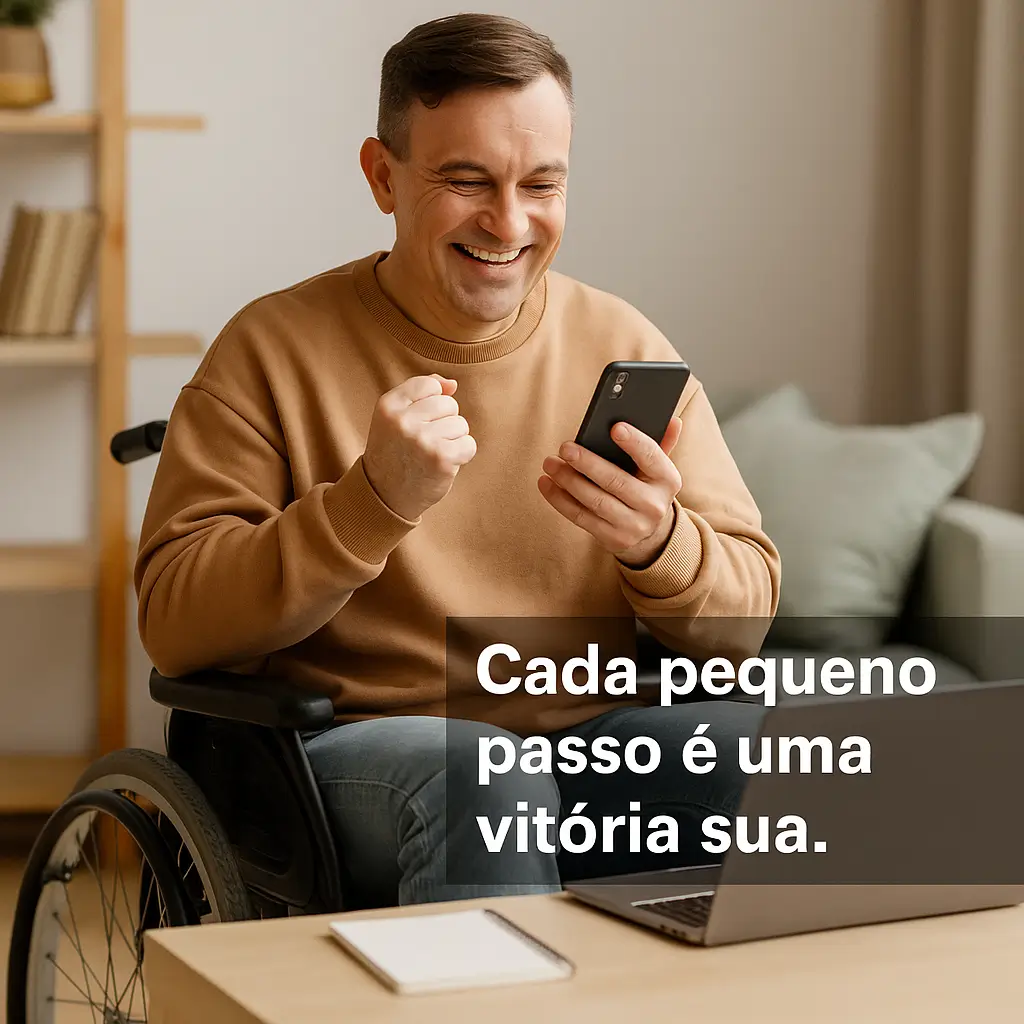 Pessoa sorridente sentada em cadeira de rodas usando o celular com o laptop à frente, representando superação e pequenas conquistas no processo de perder o medo da tecnologia.