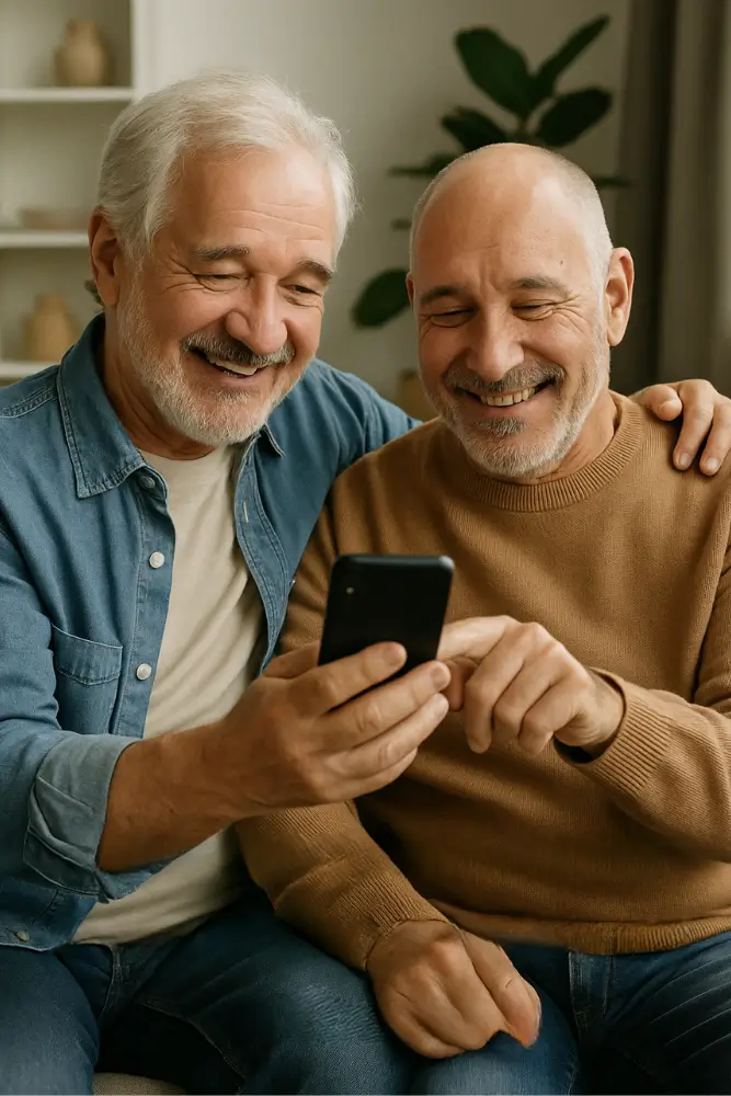 Casal maduro sorrindo ao olhar o celular, descobrindo juntos como ganhar dinheiro online vendendo produtos como afiliados.