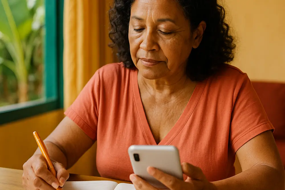 Pessoa madura analisando opções no celular e escrevendo em um caderno, refletindo sobre formas reais de ganhar dinheiro online com o que já sabe.