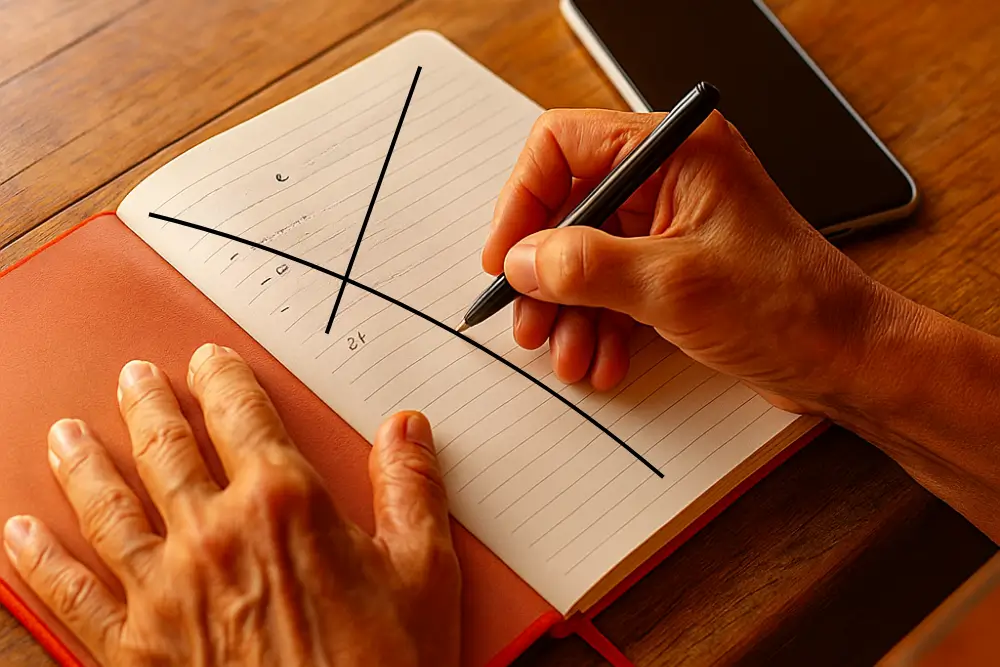 Mãos maduras escrevendo uma lista em um caderno com celular ao lado, representando o primeiro passo para ganhar dinheiro online com o que você sabe.