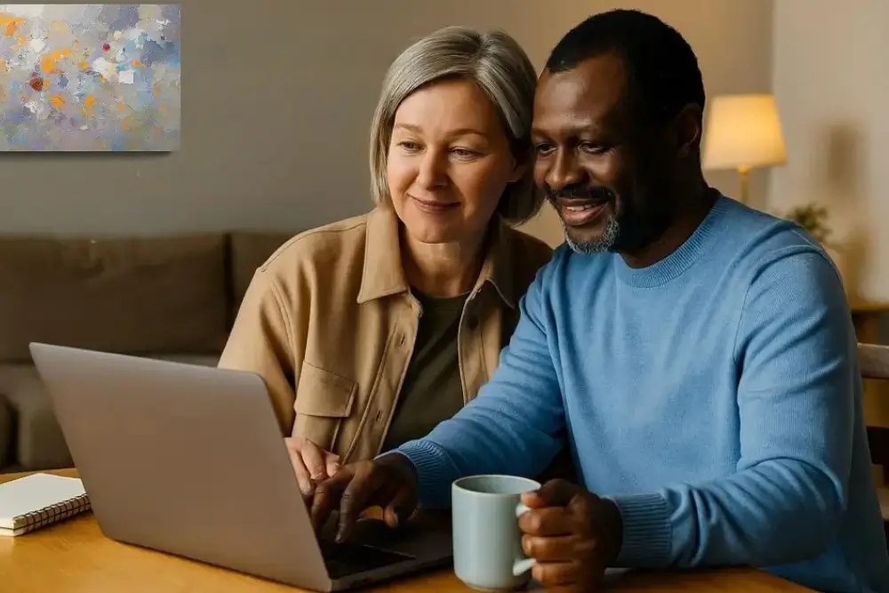 Casal de meia idade sorrindo ao olhar para o laptop em casa, representando o início de uma jornada para ganhar dinheiro online com o que sabem.