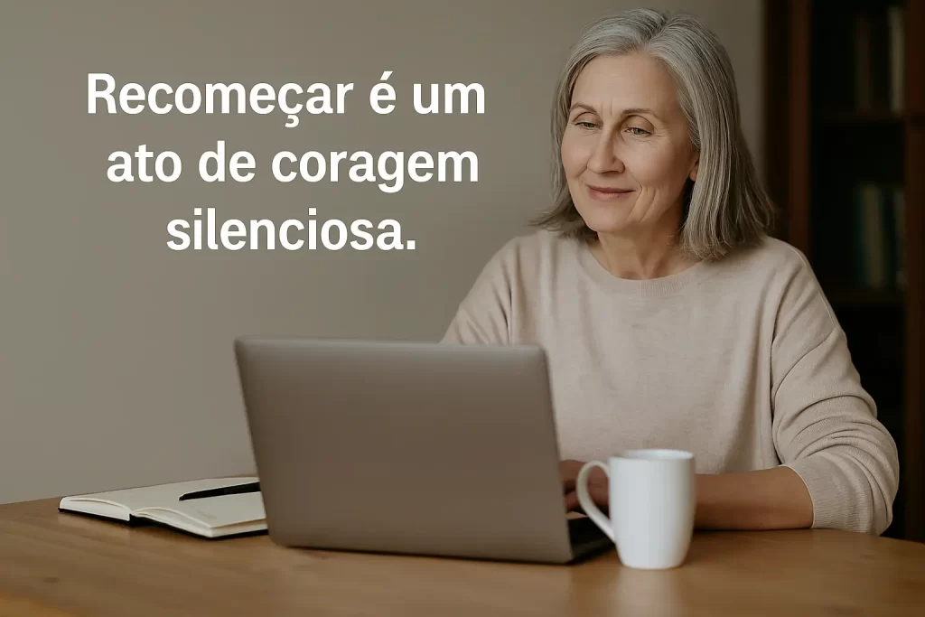 Mulher madura olhando para o laptop com serenidade, ao lado de um caderno e uma xícara, simbolizando coragem silenciosa ao recomeçar e perder o medo da tecnologia.