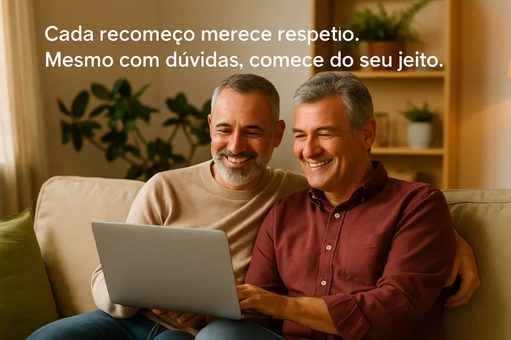 Casal gay maduro sorrindo juntos em casa enquanto usam o laptop, representando inclusão, acolhimento e coragem diante das dúvidas sobre começar no digital.