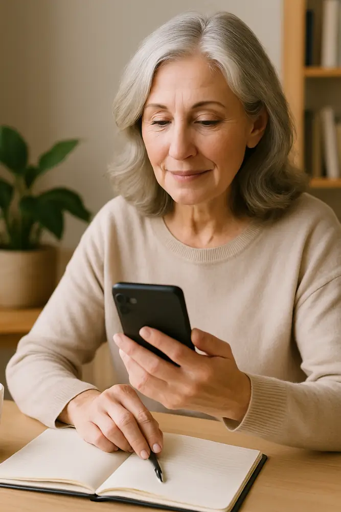 Mulher madura sorrindo com serenidade enquanto usa o celular, mostrando confiança ao descobrir o que realmente funciona para recomeçar no digital após os 50.