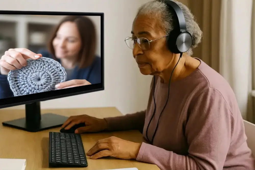 Mulher idosa sentada à mesa com fones de ouvido, no computador com a tela aberta, aprendendo croche e como ganhar dinheiro online como afiliada.