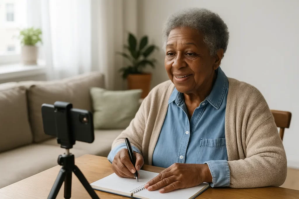 Mulher idosa sorridente com celular em tripé, estudando ou gravando com confiança para ganhar dinheiro online de forma cuidadosa e segura.