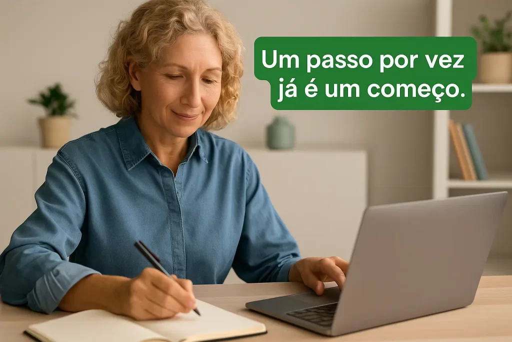Mulher madura escrevendo em um caderno ao lado do laptop em um ambiente tranquilo, representando organização e os primeiros passos para superar dúvidas sobre começar no digital