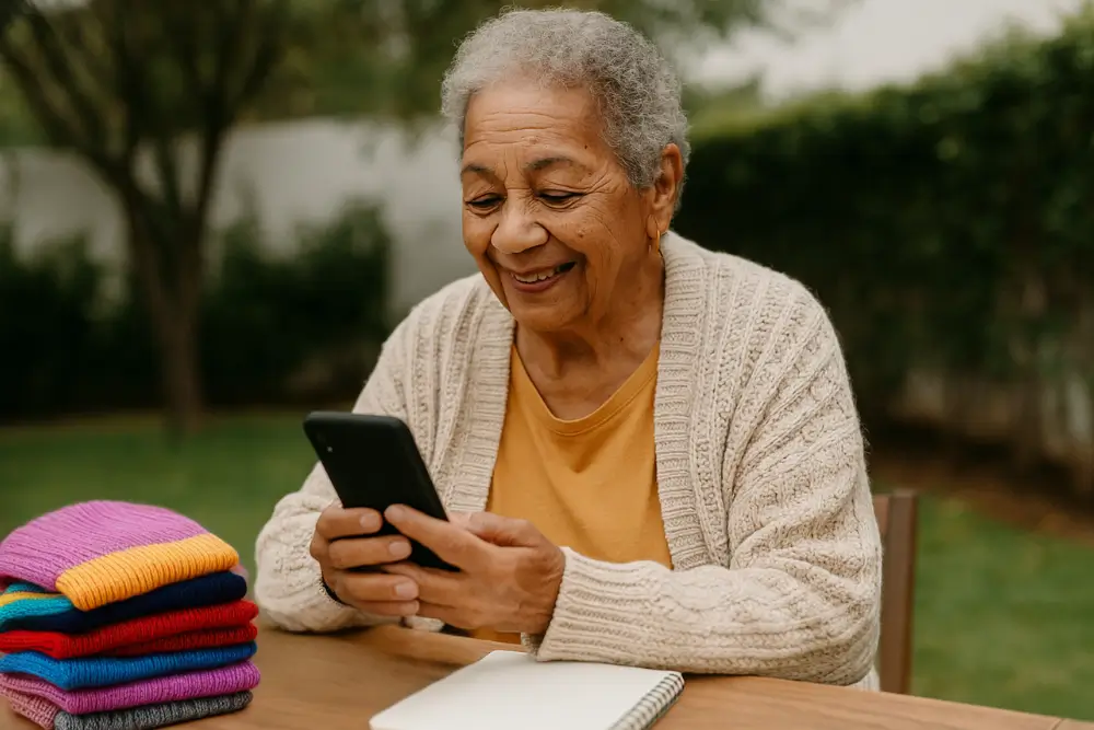 Mulher idosa começando do zero na internet, sorrindo enquanto usa o celular para ender seu trico ao ar livre, com notebook e caderno ao lado.